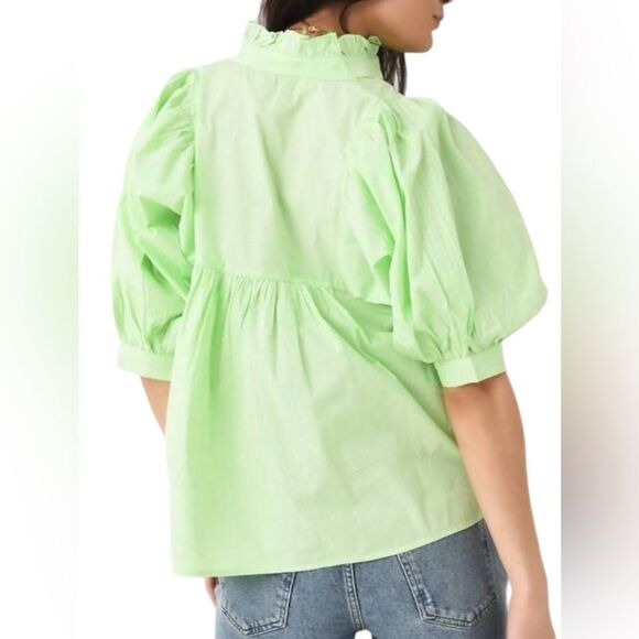 Never A Wallflower Lime Green Sherbet Swiss Dot Peasant Top - Picture 2 of 11
